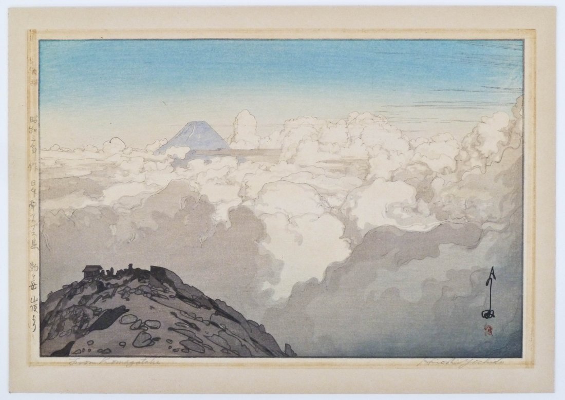 (2) Hiroshi Yoshida Pencil Signed Woodblock Prints Oban: (2) Hiroshi Yoshida Pencil Signed Woodblock Prints Oban Size. Includes ''From the Summit of Komagatake'' print, laid down on board with trimmed margins. Also ''Shira Lama Beach'' print, tipped in with