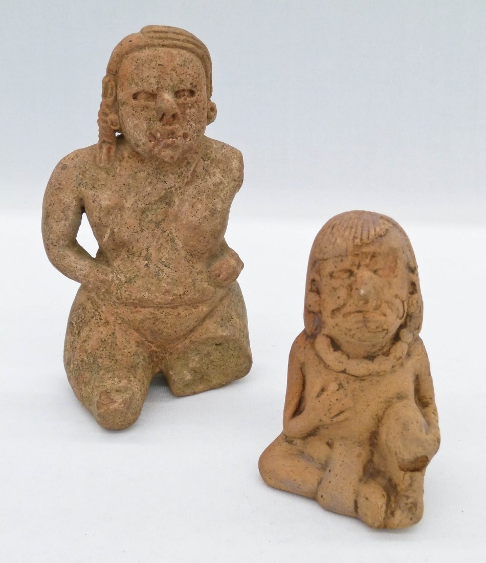 (2) Mayan Pre-Columbian Clay Figures in Cases. Mexico.: (2) Mayan Pre-Columbian Clay Figures in Cases. Mexico. Seated female figure 6''x3.25'' missing arm and figural woman whistle 4''x2.25''. Provenance: Private collection. All purchased prior to 1950.