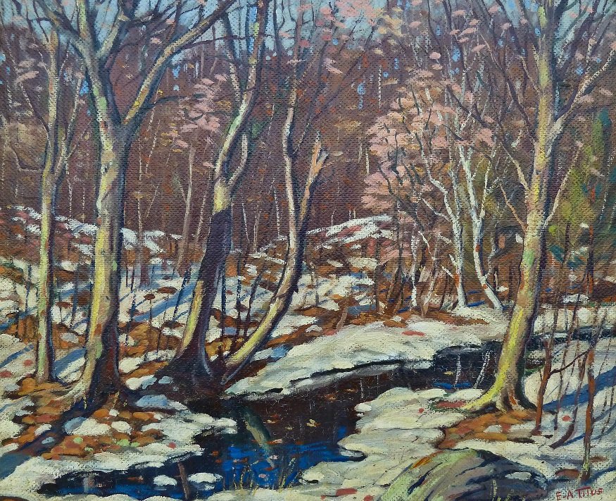 Earle A. Titus (1895-1962 Massachusetts) Untitled: Earle A. Titus (1895-1962 Massachusetts) Untitled Winter Landscape Oil on Masonite 15''x18''. In gilt 2'' frame.
