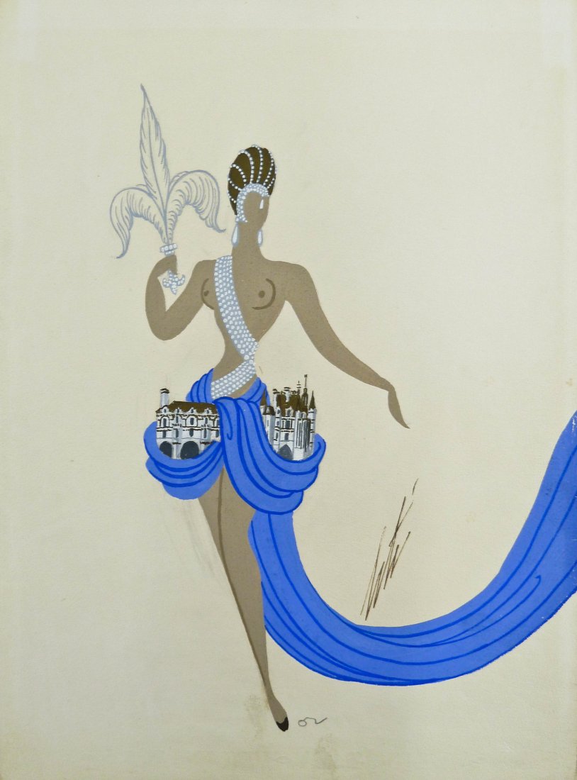 Erte (1892-1990 NY/France/) ''Le Chateaus de: Erte (1892-1990 NY/France/) ''Le Chateaus de Chenonciaux'' 1971 Costume Design Gouache on Paper 13.5''x10''. Original painting with semi nude woman wearing a blue gown with cathedrals. Signed and titl