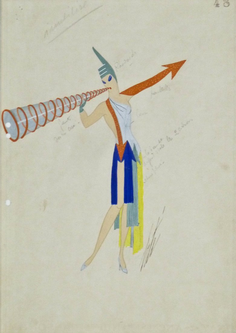 Erte (1892-1990 NY/France/) ''Publicite'' 1938 Art Deco: Erte (1892-1990 NY/France/) ''Publicite'' 1938 Art Deco Costume Design Gouache on Paper 14''x10''. Original painting with space age art deco design. Signed and titled on verso. Gallery framed in silve