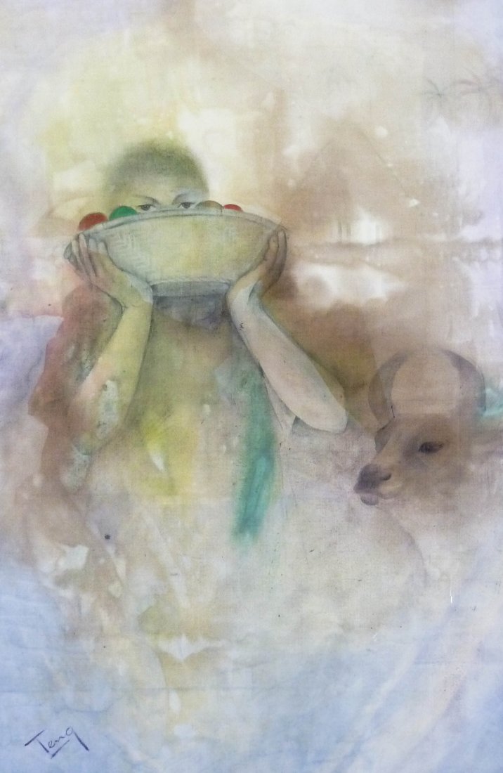 Chuah Thean Teng (1912-2008 Malaysia/China) Untitled: Chuah Thean Teng (1912-2008 Malaysia/China) Untitled Figure with Cow Batik Painting 34.5''x23''. Purchased at Yahong Art Gallery in Penang, Malaysia in 1989. Accompanied by copy of original receipt. T