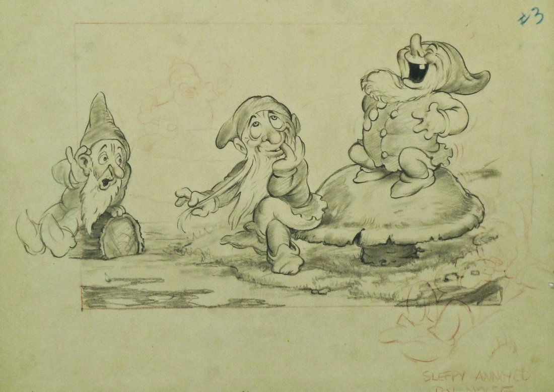 Walt Disney Snow White & The Seven Dwarfs 1937 Original: Walt Disney Snow White & The Seven Dwarfs 1937 Original Pencil Storyboard Drawing 6.5''x9''. Early pre-production depiction of three dwarfs. Notation at lower right ''Sleepy Annoyed by Noise''. Purcha