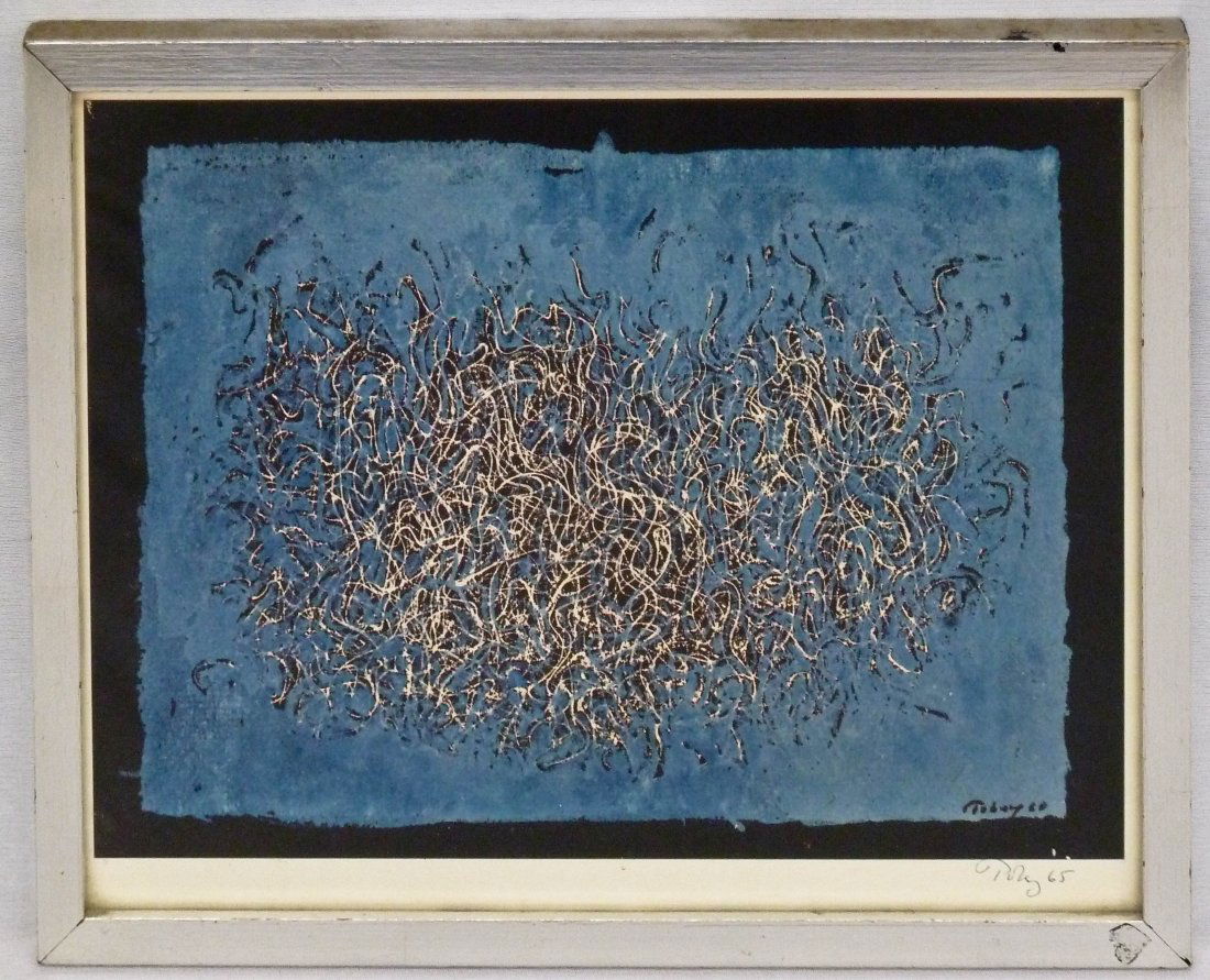 Mark Tobey (1890-1976 WA/NY) ''Homage a Rameau'' 1965: Mark Tobey (1890-1976 WA/NY) ''Homage a Rameau'' 1965 Color Lithograph 7.75''x10.5'' Image. Ink signed and dated lower right. Comes in original frame 9.5''x12'' with Otto Seligman label on verso. Acco