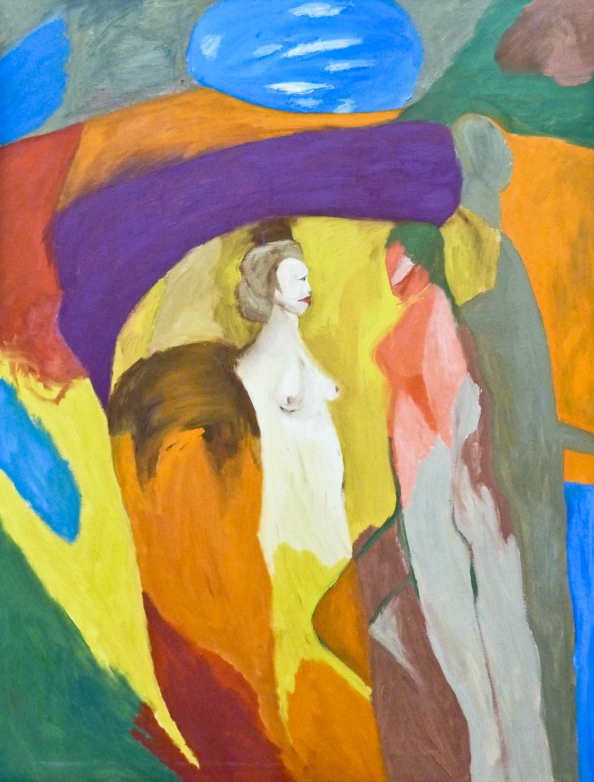 Robert H. Colescott (1925-2009 Arizona) ''False Step: Robert H. Colescott (1925-2009 Arizona) ''False Step From East to West'' Abstract Oil on Canvas 75.5''x57.5''. Colorful early abstract from his days as an art professor in Oregon. Depicts two female a