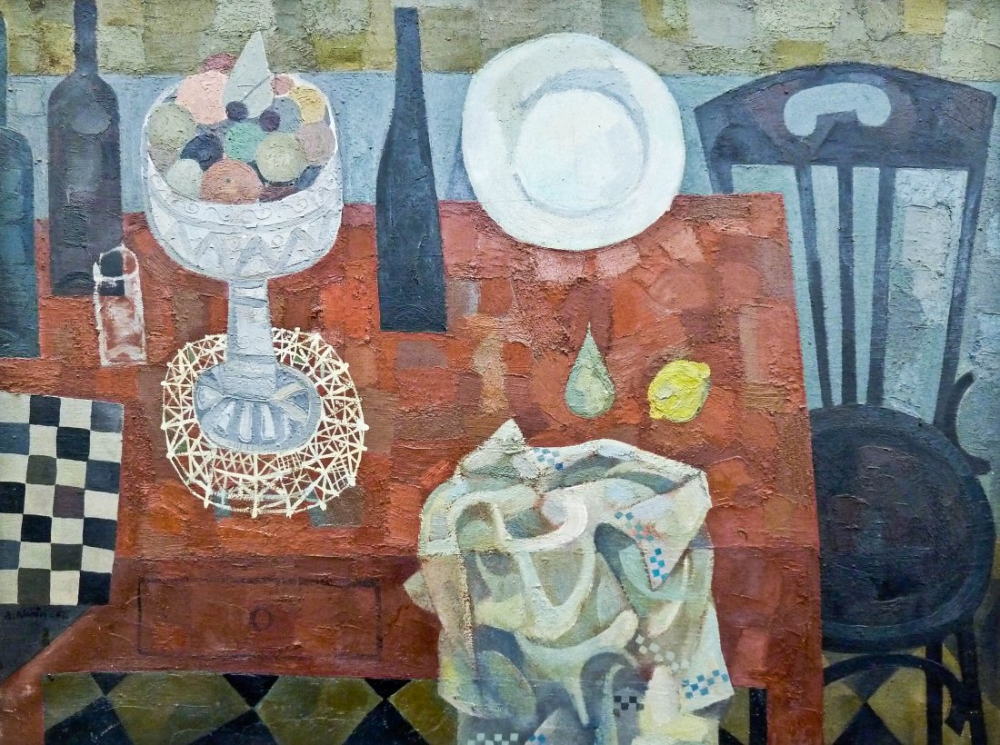 Alfredo Alcain (b.1936 Spain) ''Mesa Roja'' 1962 Still: Alfredo Alcain (b.1936 Spain) ''Mesa Roja'' 1962 Still Life Oil on Burlap 38''x51''. Some light paint chipping.