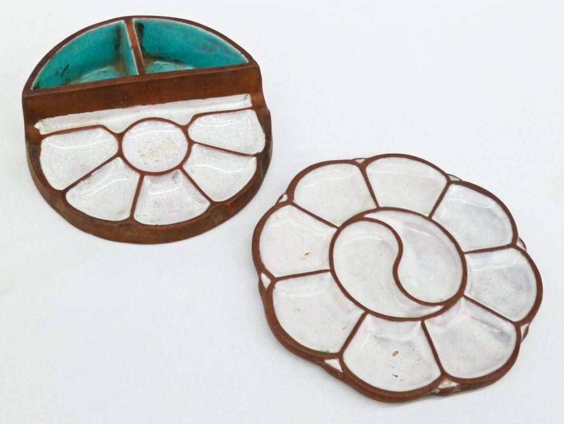 Pair Chinese Yixing Ink Palettes. First is a zisha: Pair Chinese Yixing Ink Palettes. First is a zisha turquoise and white enameled combine brush washer and ink palette and second depicts a central Ying Yang motif. Both measure 5'' in diameter. Qing dy