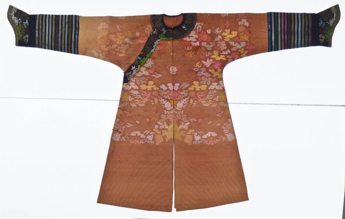 Antique Chinese Imperial Court Dragon Robe 54''x91''.: Antique Chinese Imperial Court Dragon Robe 54''x91''. Polychrome silk robe with nine dragons (one hidden) all with five claws chasing the flaming pearl. Various stains from use. Qing dynasty.