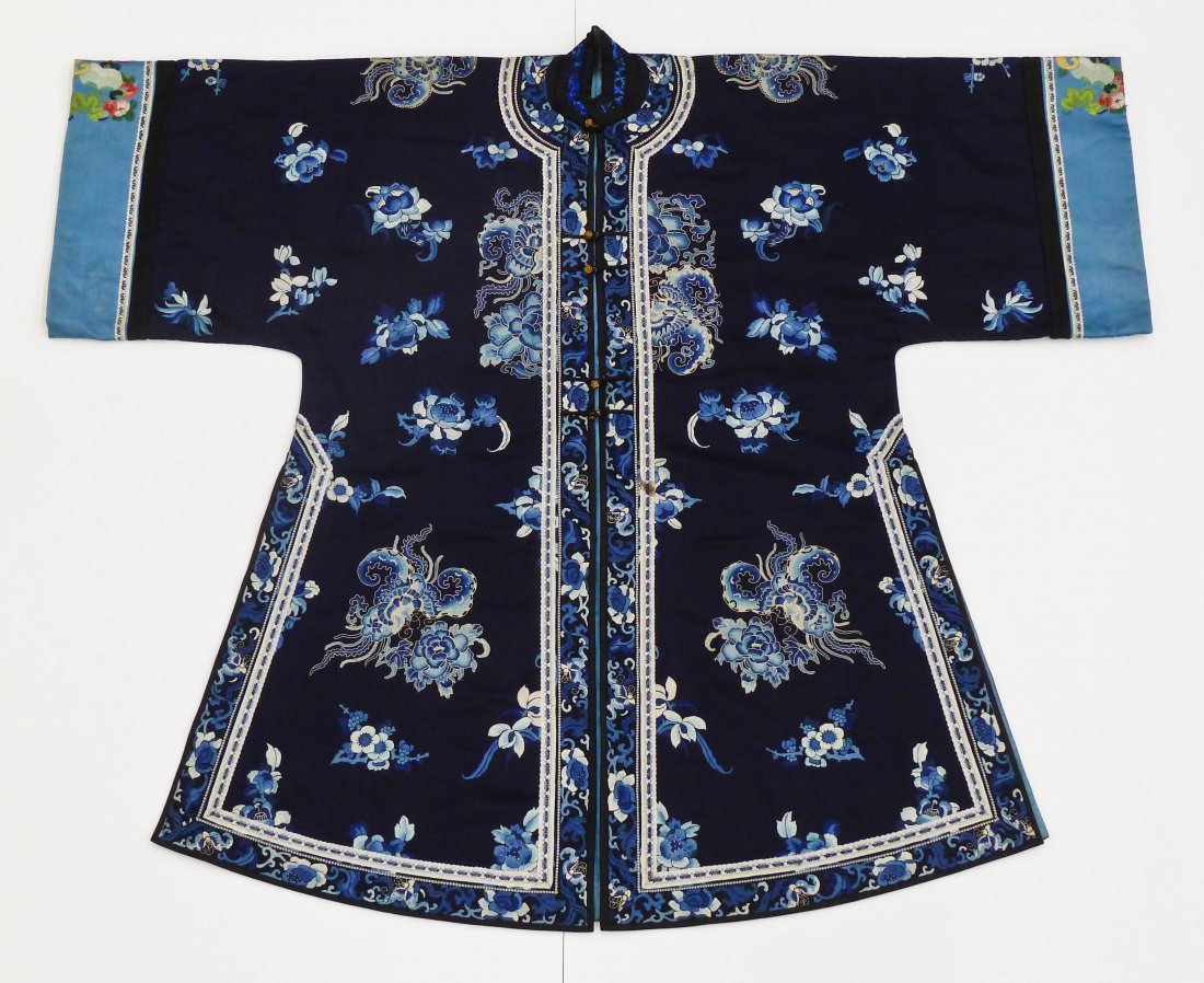 Fine Chinese Cobalt Blue Silk Forbidden Stitch: Fine Chinese Cobalt Blue Silk Forbidden Stitch Embroidered Robe 46''x55''. Depicts ten ornate flaming bats swimming amongst chrysanthemum and prunus flowers. Polychrome bat and peach silk sleeves. A f