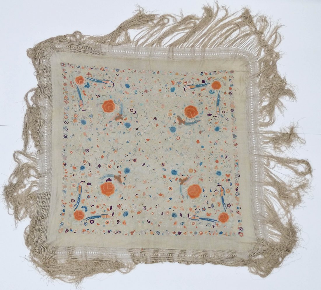 Chinese Canton Silk Embroidered Piano Shawl 51''x53'': Chinese Canton Silk Embroidered Piano Shawl 51''x53'' Center. Depicts polychrome pheasants and an array of blossoming flowers. Late Qing to early Republic.
