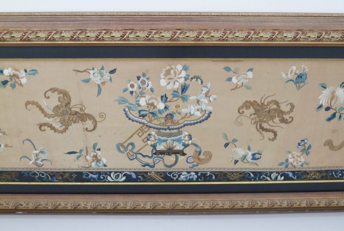 Antique Chinese Silk Embroidered Long Hanging Panel: Antique Chinese Silk Embroidered Long Hanging Panel 16''x84''. Depicts three vases with blossoming chrysanthemum, peony and lotus flowers. Also opposing gold thread bats and spurious butterflies. Some