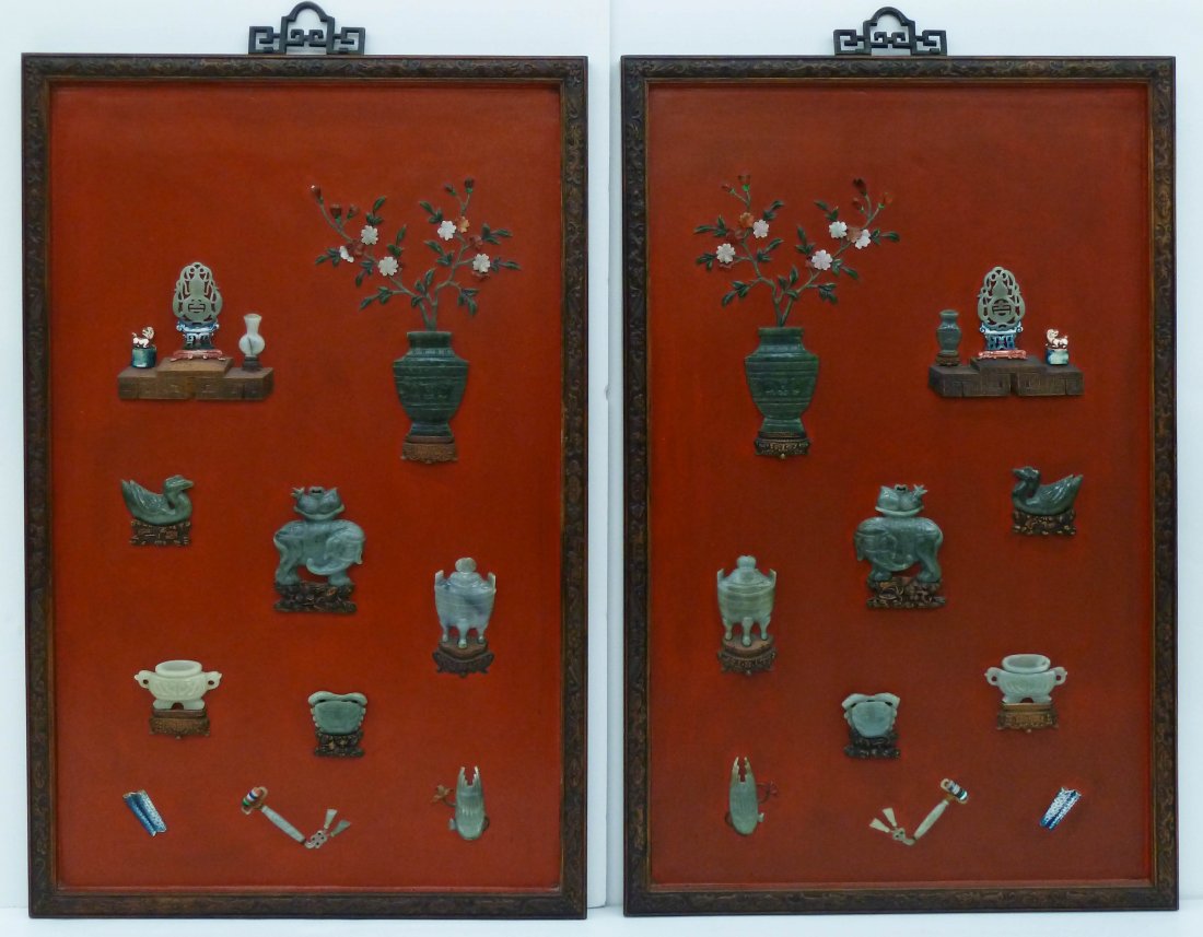 Pair Chinese Jade Applique Hanging Scholar's Panels: Pair Chinese Jade Applique Hanging Scholar's Panels 39.5''x25.5'' Each. True opposing pair depicts various scholar's precious objects including table screens, vases, censers, flutes, etc. Inlaid with