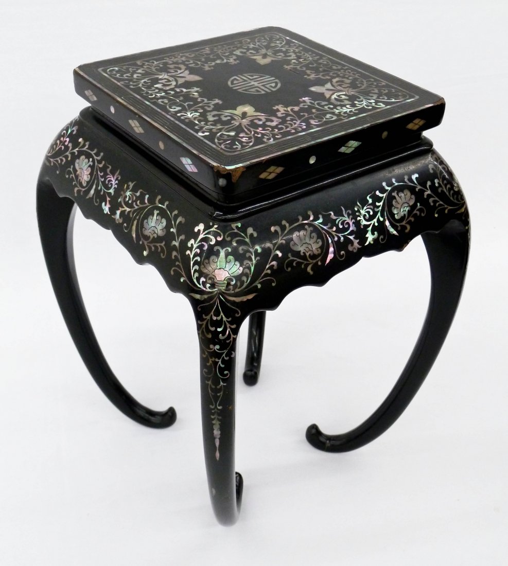 Chinese Mother of Pearl Inlaid Lacquered Display Stand: Chinese Mother of Pearl Inlaid Lacquered Display Stand 11''x8''. Ornately inlaid with abalone shell depicting scrolling foliage and blossoming flowers. Shou symbol in center. Work is similar to Lac Bu