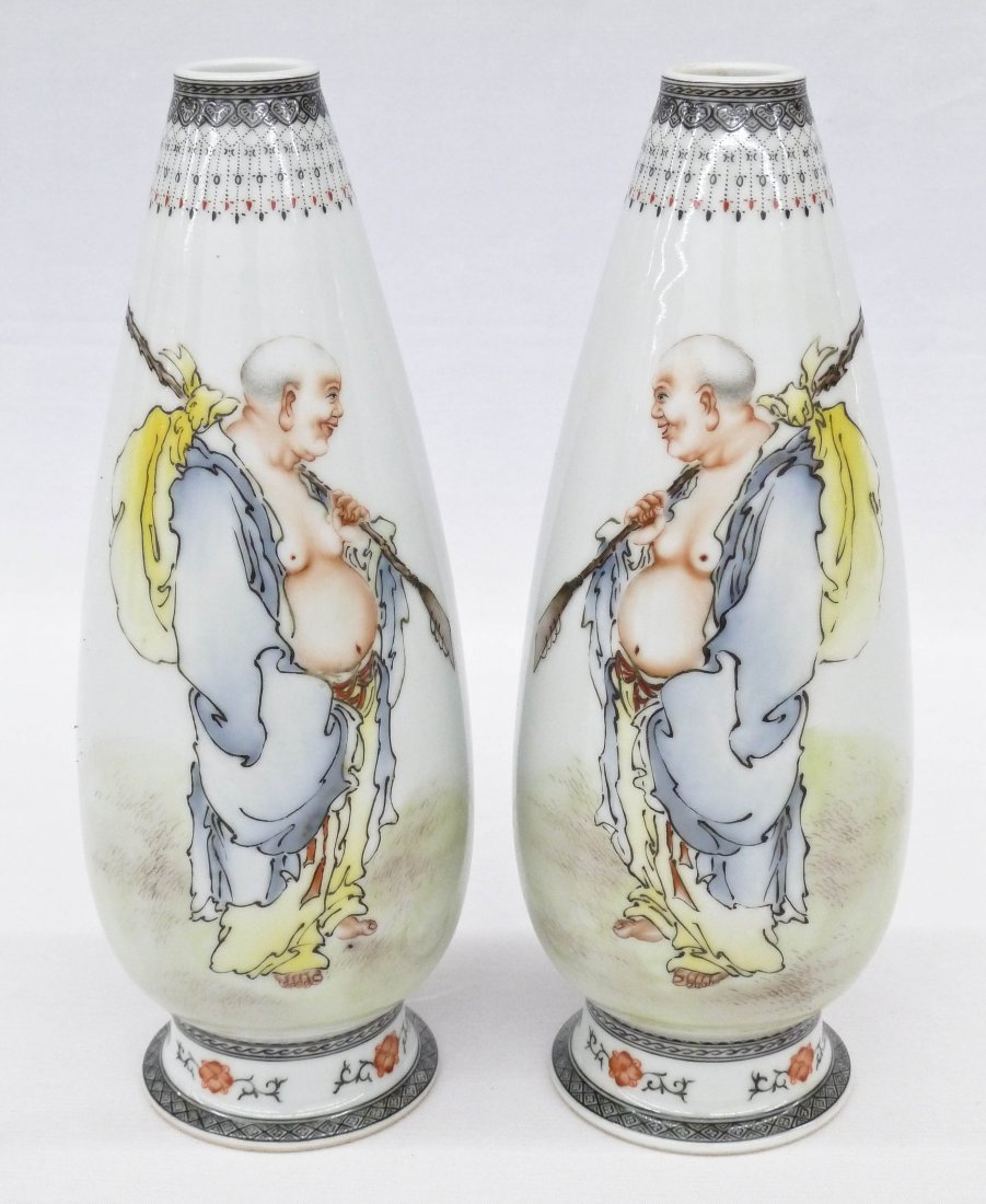 Pair Chinese Polychrome Lohan Enameled Porcelain Corn: Pair Chinese Polychrome Lohan Enameled Porcelain Corn Shaped Vases 8.5''x3.25'' Each. They each depict an opposing Lohan figure painted in detailed famille rose enamel. Each has a painted calligraphy 
