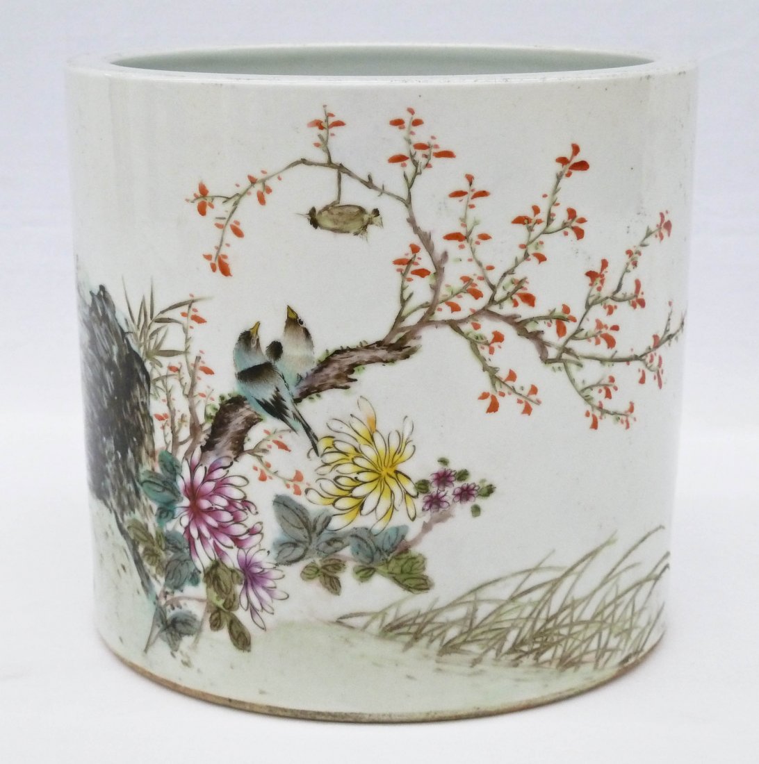 Chinese Famille Rose Porcelain Large Brush Pot: Chinese Famille Rose Porcelain Large Brush Pot 7.25''x8''. Depicts two birds on a blossoming flower branch in polychrome enameling. It has a long painted calligraphy inscription on back side. Excellen