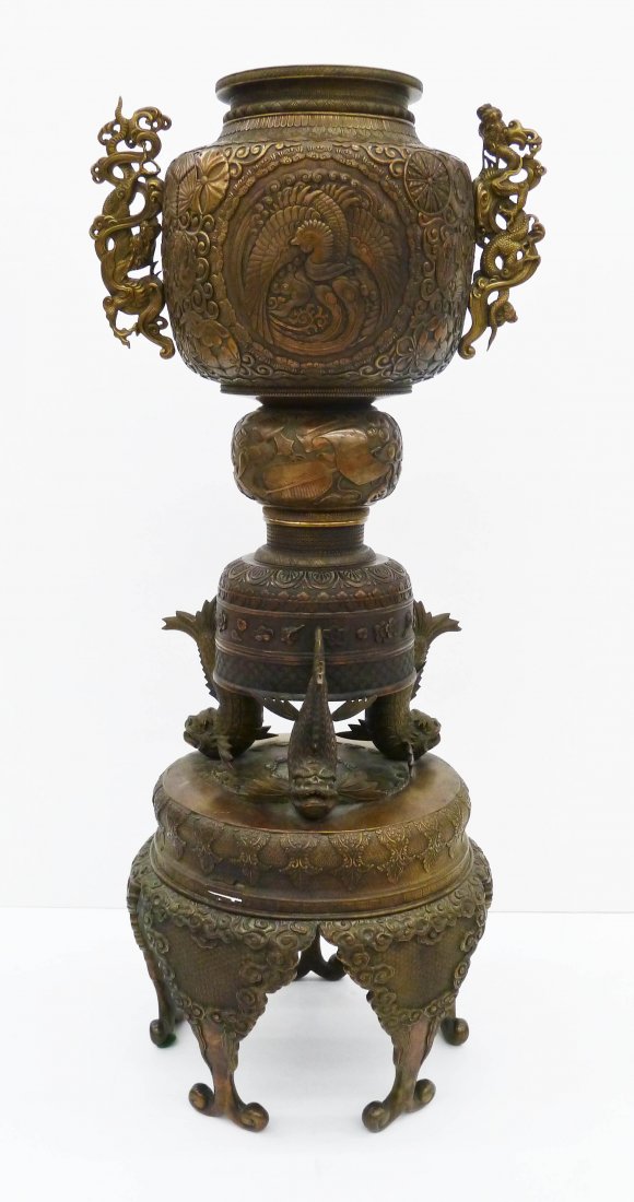 Impressive Japanese Bronze Dragon & Lion Fish 2-Part: Impressive Japanese Bronze Dragon & Lion Fish 2-Part Incense Burner 30.5''x13''. Very elaborately decorated with figural dragon handles and various objects. Each of the four feet have stylized wave mo