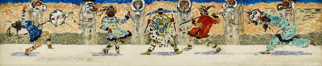 Eustace Ziegler (1881-1969 AK/WA) Baranoff Hotel Mural: Eustace Ziegler (1881-1969 AK/WA) Baranoff Hotel Mural Study 1966 Oil on Board 4''x19.5''. This historical study depicts five Haida or Tlingit Indian dancers with raven totem poles in background. This