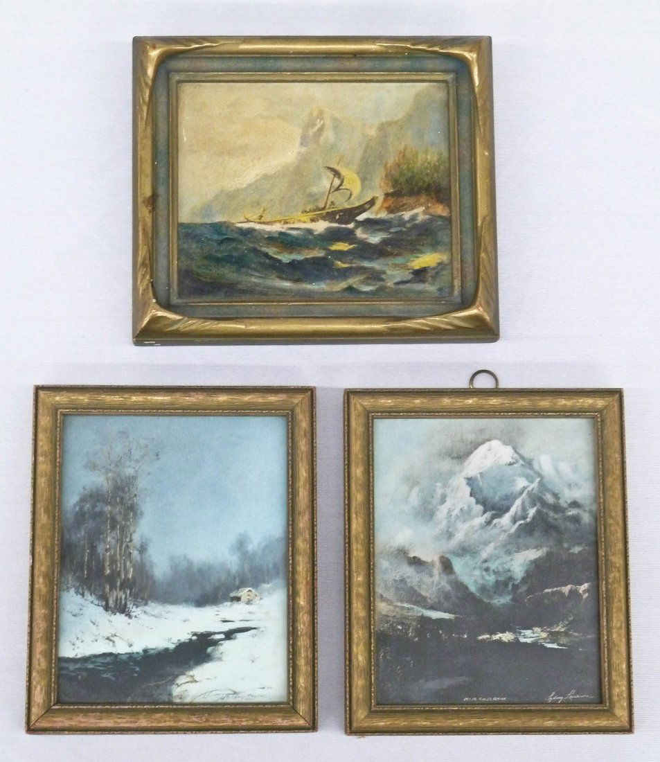 (3) Sydney Laurence Hand Colored & Painted Photos in: (3) Sydney Laurence Hand Colored & Painted Photos in Original Frames. Includes potlatch canoe 5.25''x6'' in Piecrust. The other two are a pair with Mt. McKinley and a river snow scene measuring 5''x4'