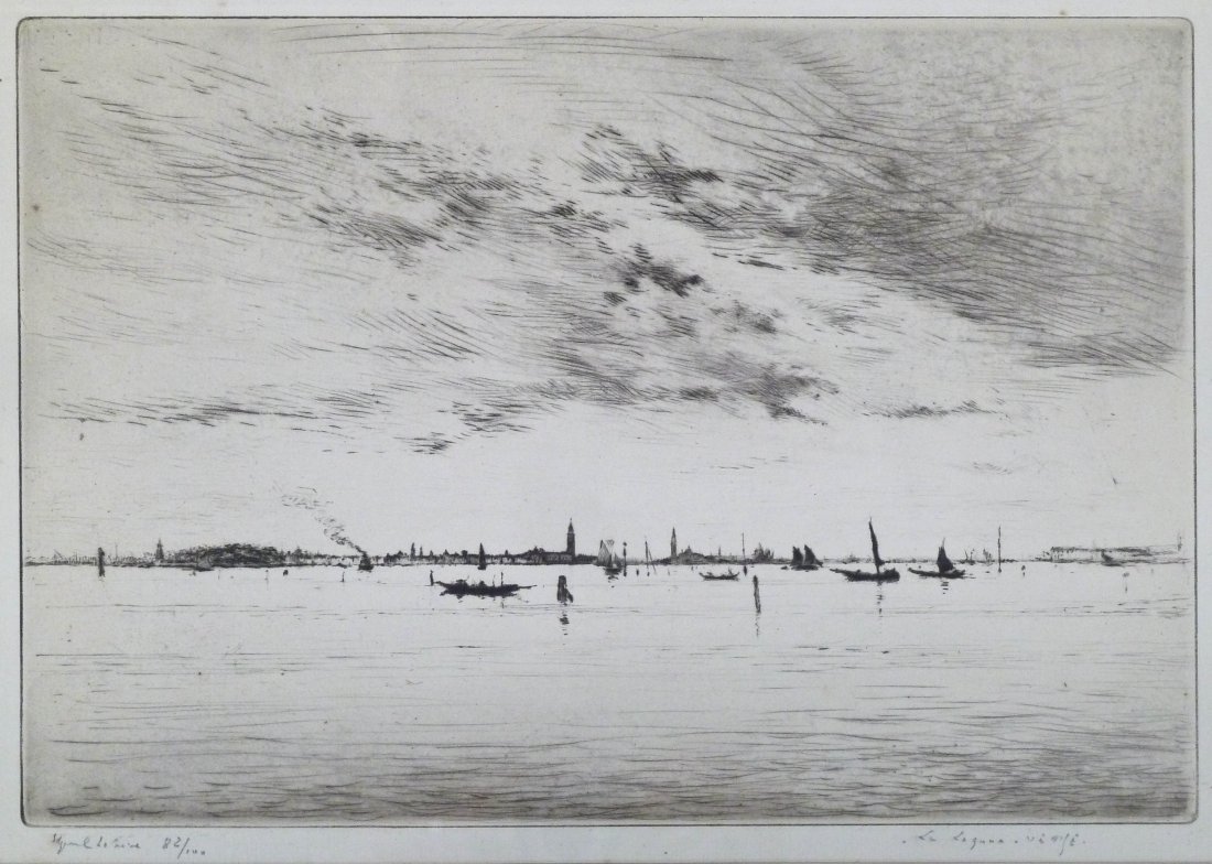 Illegibly Signed ''La Laguna, Venice'' Drypoint Etching: Illegibly Signed ''La Laguna, Venice'' Drypoint Etching 8.5''x12.5''. Pencil signed and numbered 82 of an edition of 100. Some light foxing spots. In original frame.