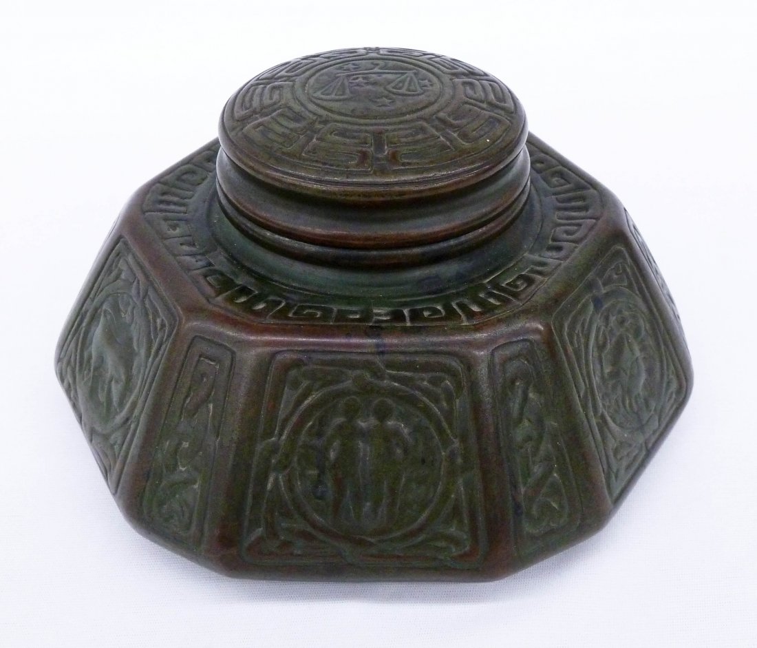 Tiffany Studios Zodiac Bronze Inkwell 6.75''sx3.75''.: Tiffany Studios Zodiac Bronze Inkwell 6.75''sx3.75''. Form 1072 with original patina.