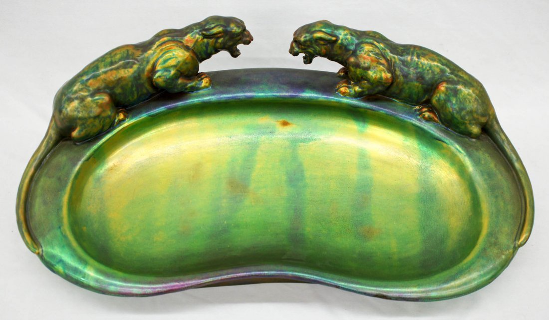 Antique Zsolnay Hungary Figural Panther Large Tray: Antique Zsolnay Hungary Figural Panther Large Tray 18''x10''x5''. Depicts two opposing fierce panthers in their classic iridescent Eosin glaze. Slight rubs to front edge of tray and base. Excellent co