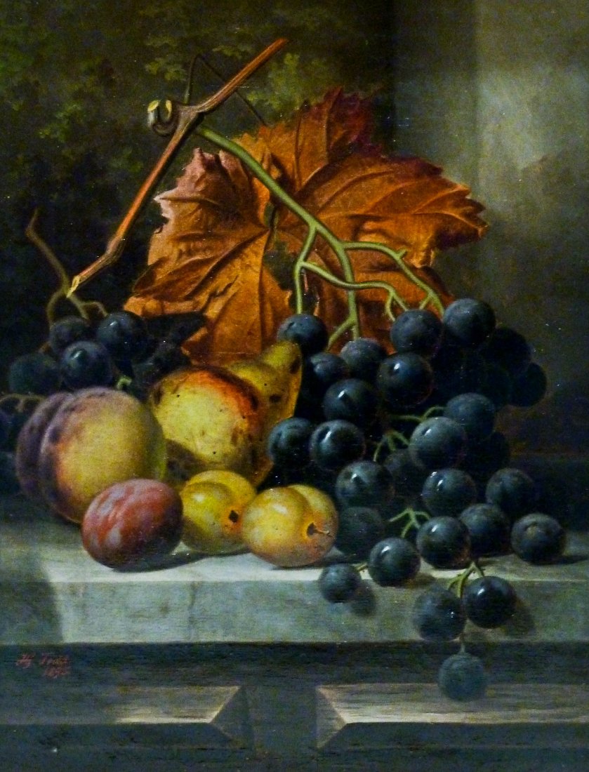 Henry George Todd (1847-1898 United Kingdom) Untitled: Henry George Todd (1847-1898 United Kingdom) Untitled Still Life with Grapes 1895 Oil on Canvas 15.75''x12''. Comes in period gilt 4'' frame.