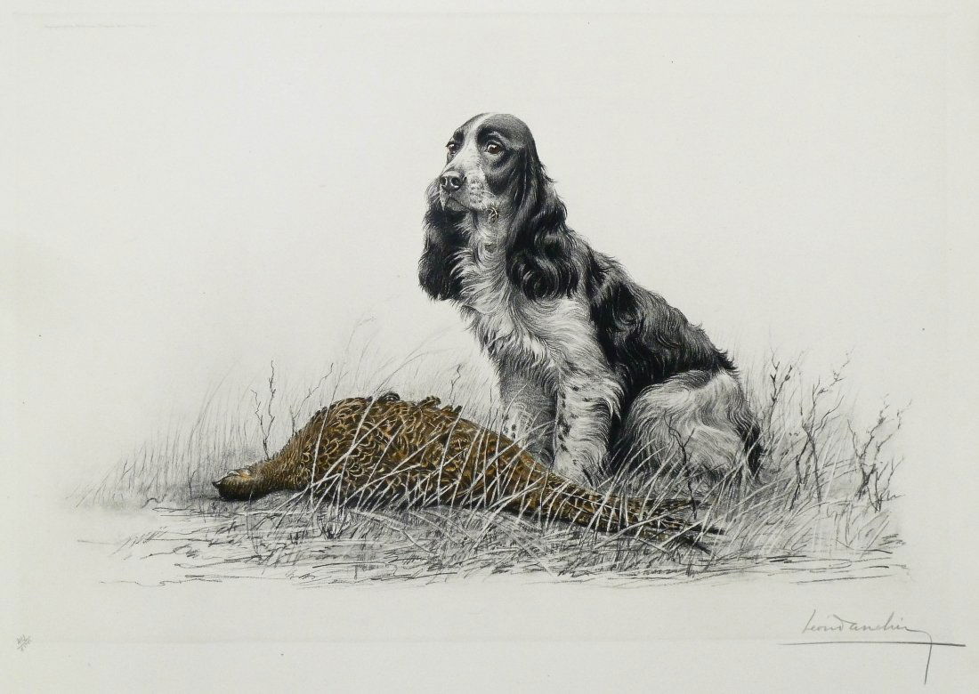 (2) Leon Danchin (1887-1939 French) Aquatint Dog: (2) Leon Danchin (1887-1939 French) Aquatint Dog Etchings. Large dog with pheasant 412/500 measuring 16''x24'' (22.5''x30'' sheet) and Irish Setter chasing duck numbered 202/500 measuring 11''x15.5''