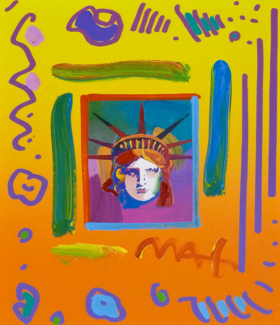 Peter Max (b.1937 American) ''Liberty head II Collage'': Peter Max (b.1937 American) ''Liberty head II Collage'' 1997 Acrylic Paint on Lithograph 14''x12.25''. Comes with certificate.