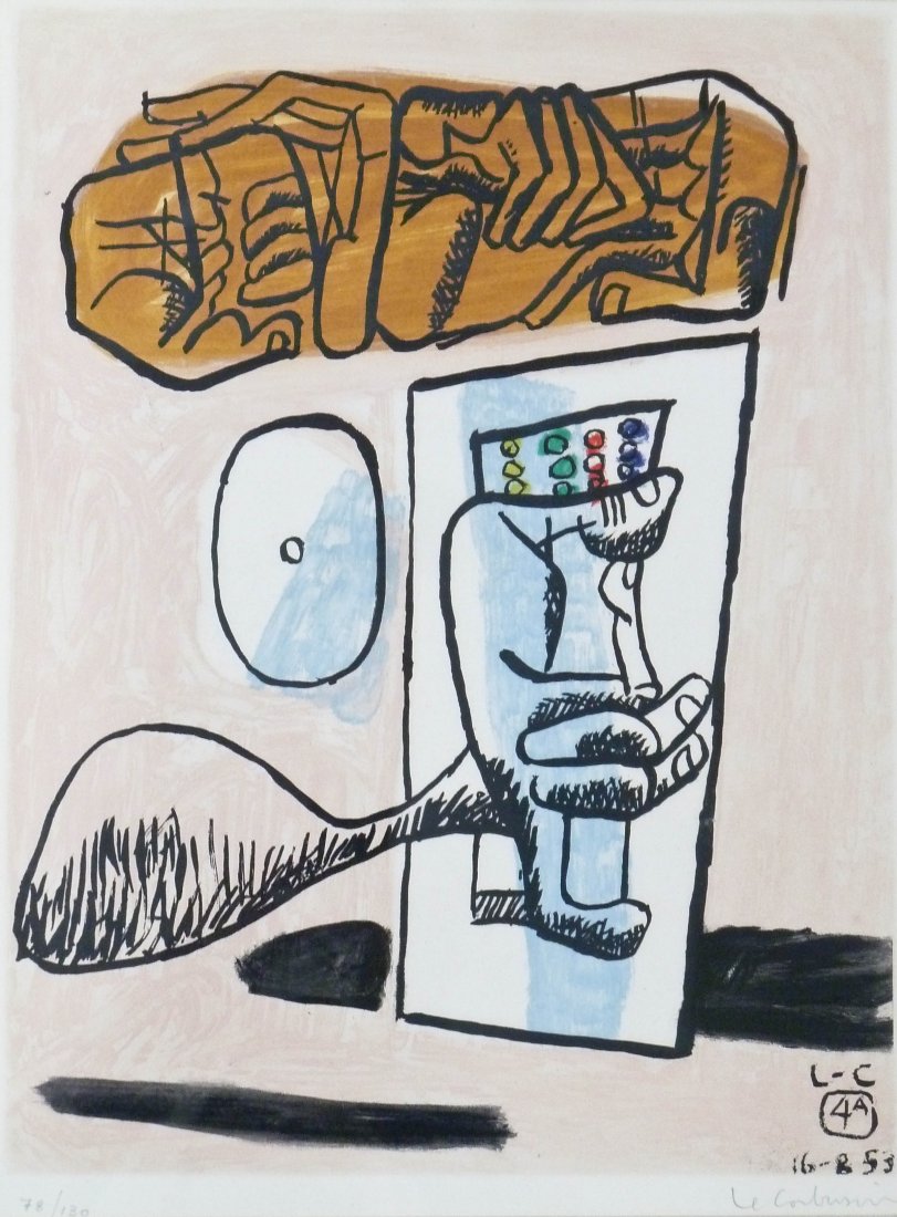 Le Corbusier (1887-1965 French/Swiss) Unite Plate #4: Le Corbusier (1887-1965 French/Swiss) Unite Plate #4 1953 Color Etching & Aquatint 16.25''x12.5''. This print is pencil signed and numbered 78 of an edition of 130 in lower margin. One image from the 