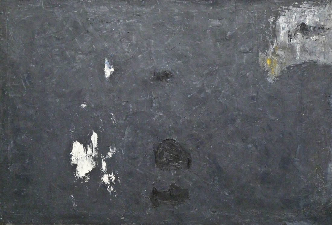 William Ivey (1912-1992 Washington) Untitled Gray: William Ivey (1912-1992 Washington) Untitled Gray Abstract 1950 Oil on Canvas 34''x50''. Signed and dated on verso. Scattered craquelure and paint chipping.