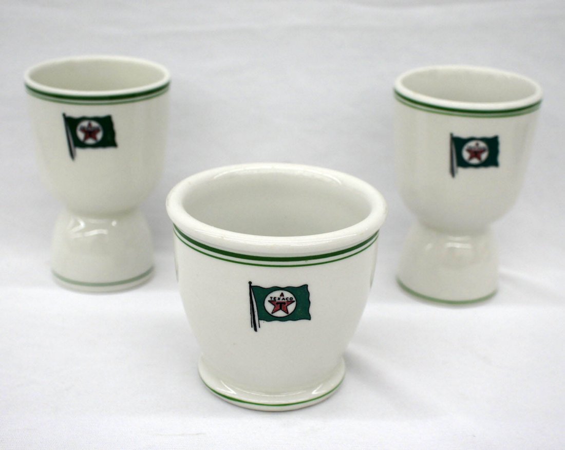 (3) Pieces Texaco Restaurant Ware. Includes two egg: (3) Pieces Texaco Restaurant Ware. Includes two egg cups 4'' and one egg coddler 3''. Excellent condition.