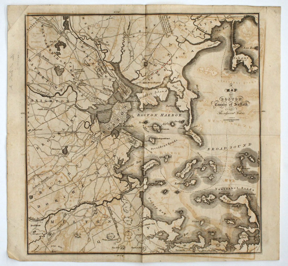 Group of (3) Boston Ship's Maps Circa 1850's. Includes: Group of (3) Boston Ship's Maps Circa 1850's. Includes ''A Map of Boston, County of suffolk and the Adjacent Towns'' 13''x13.75'', ''Boston Harbor, Charts of the Coast and Harbors of New England April