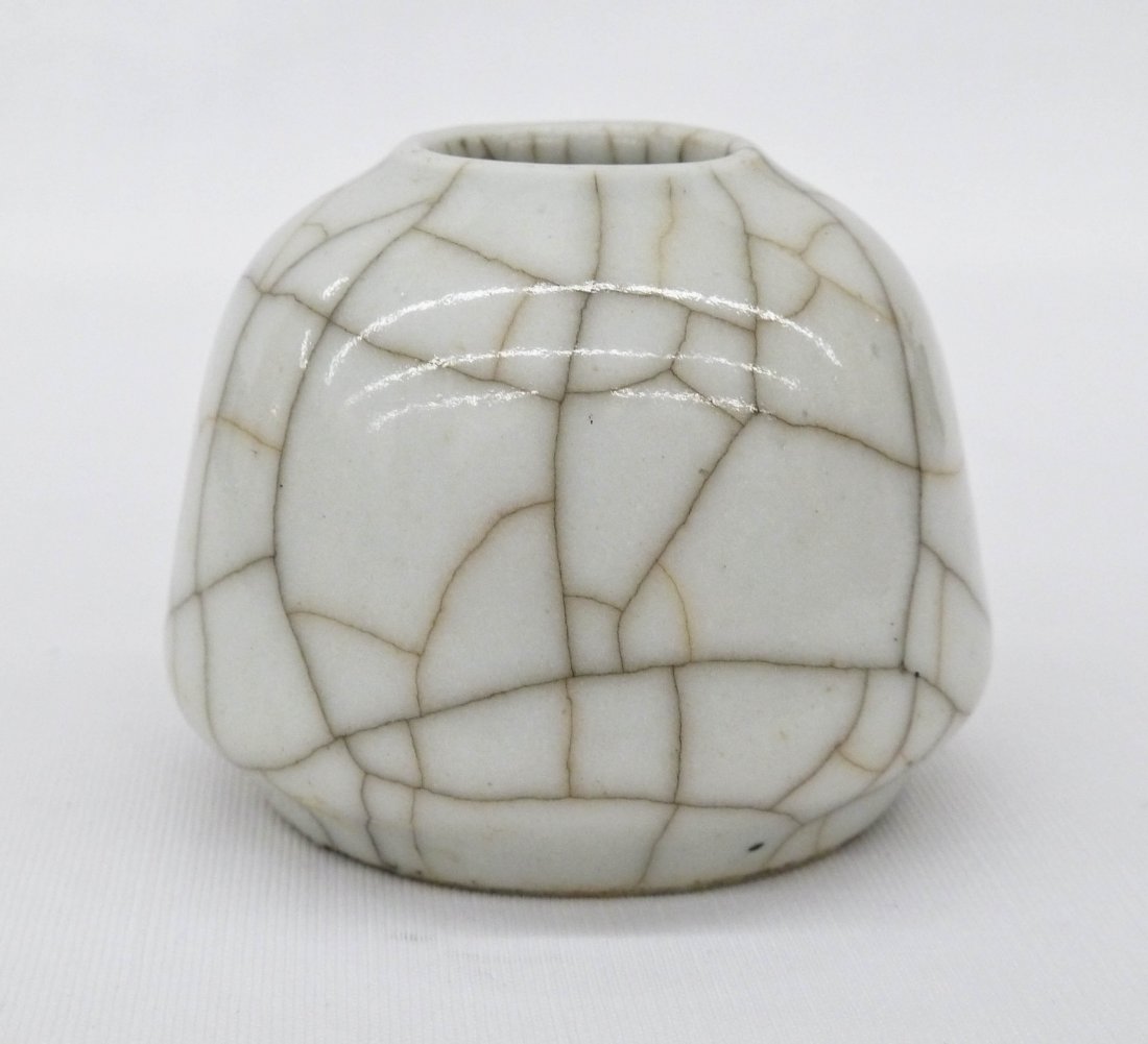 Antique Chinese Ge Type Porcelain Brush Washer: Antique Chinese Ge Type Porcelain Brush Washer 2''x2.5''. It bears a two character blue underglaze mark under base.