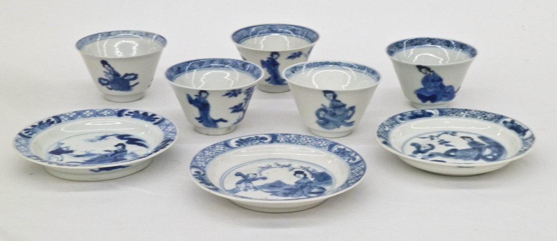 Group of (8) Antique Chinese Blue & White Fine: Group of (8) Antique Chinese Blue & White Fine Porcelain Tea Cups & Under Plates. Includes (5) porcelain tea cups depicting seated woman with servants and foliage. Each cup measures 1.5''x2.5''. Also 