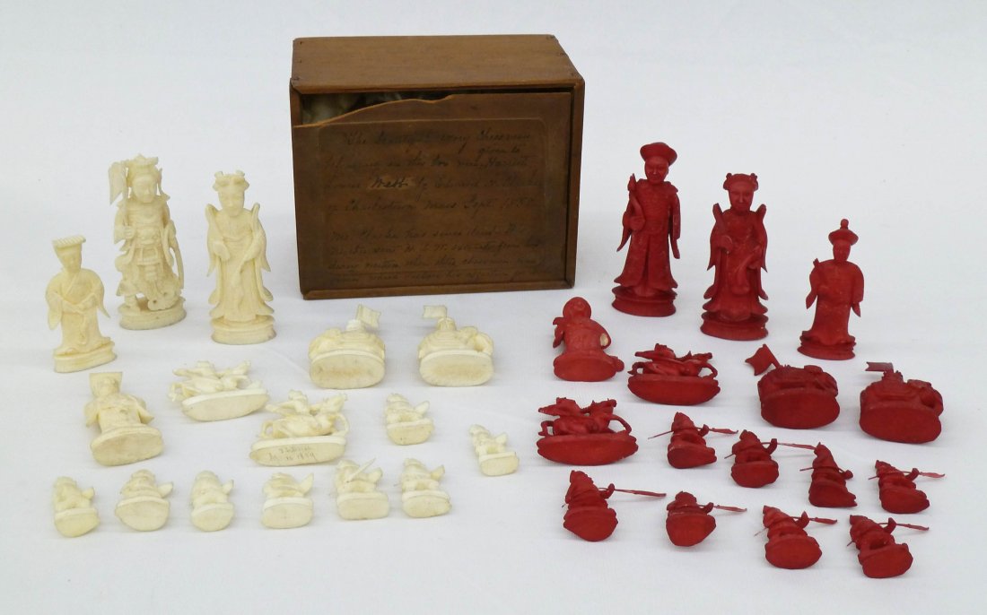 Antique Chinese Carved & Colored Ivory Chess Set Circa: Antique Chinese Carved & Colored Ivory Chess Set Circa 1858. Comes in original wood box inscribed that it was a gift in Charlestown, Mass. on Sept. 1858. Set is complete with (32) pieces ranging in si
