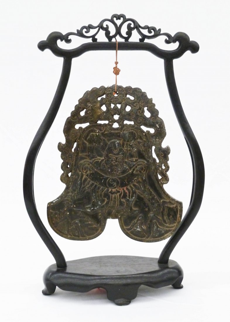 Antique Chinese Finely Carved Soapstone Hatchet Shaped: Antique Chinese Finely Carved Soapstone Hatchet Shaped Carving on Stand 13.5''x8.75''. Pierced carved large pendant measures 7.5''x6.5'' and depicts a scholar reading a hand scroll. Stylized opposing 