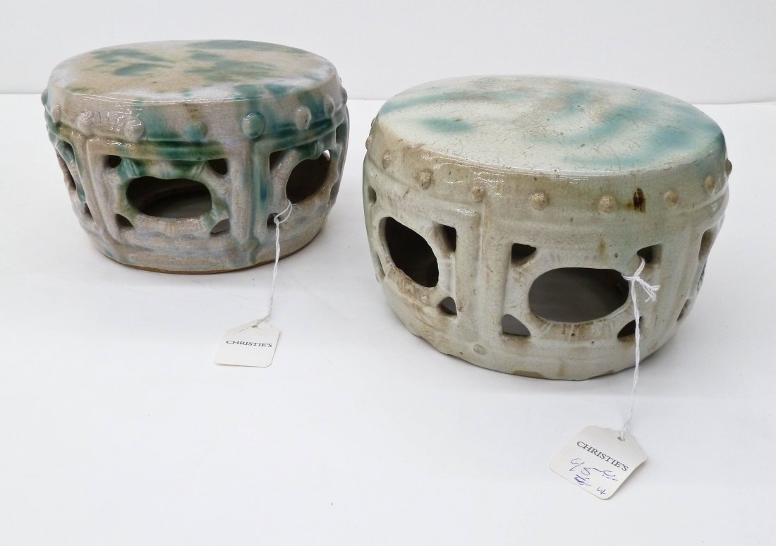 (2) Antique Chinese Pottery Sancai Glazed Miniature: (2) Antique Chinese Pottery Sancai Glazed Miniature Garden Seats 8'' Wide. Each measures 4.75'' and 5'' tall with pierced sides and greenish white glaze. They both have old Christies hang tags stating