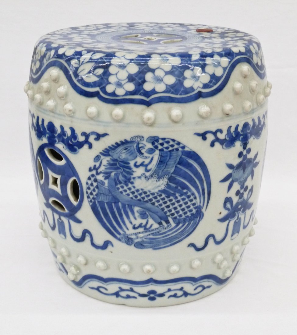 Antique Chinese Blue & White Porcelain Miniature: Antique Chinese Blue & White Porcelain Miniature Phoenix Garden Seat 8.25''x8.5''. Depicts roundels of phoenix and prunus flowers in blue underglaze. Bears a red wax export seal on the top. Crack runn