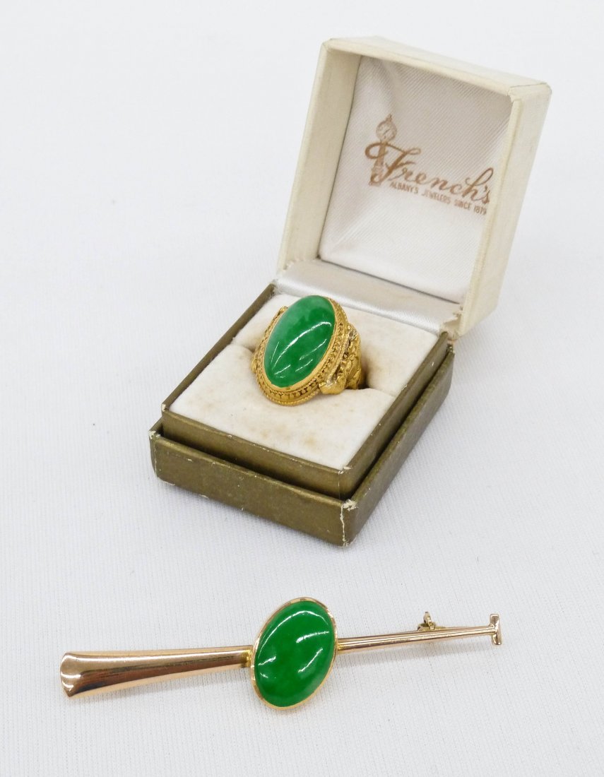 Antique Chinese 14k Apple Green Jade Cabochon Bar Pin &: Antique Chinese 14k Apple Green Jade Cabochon Bar Pin & Ring Set in Gold. Bar pin measures 2.75'' long and is marked ''Rouyn 1914''. It weighs 9.1 grams and the jadeite cabochon measures 5/8'' x 7/16'