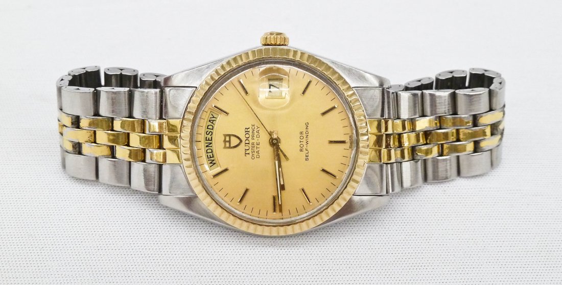 Vintage Tudor Men's Oyster Prince Day & Date Two-Tone: Vintage Tudor Men's Oyster Prince Day & Date Two-Tone Automatic Wristwatch in Original Box. Comes with original bill of sale dated 1987. It is 17 jewels with a 14k gold 34mm bezel. Working condition a