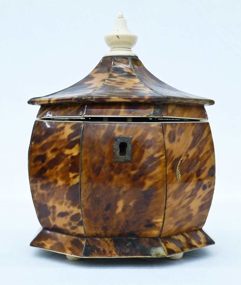Antique English Tortoise Shell & Ivory Tea Caddy: Antique English Tortoise Shell & Ivory Tea Caddy 7.25''x6''. Octagonal form. Some chipping to edges. 19th century. Tortoiseshell.