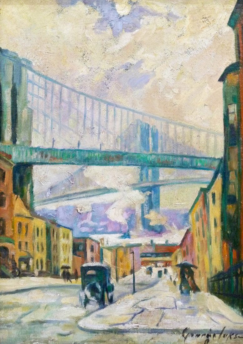 George Benjamin Luks (1867-1933 New York) Untitled New: George Benjamin Luks (1867-1933 New York) Untitled New York Street Scene Oil on Canvas 15''x12''. Depicts a depression era winter street scene with the Brooklyn Bridge in the background. Reframed with