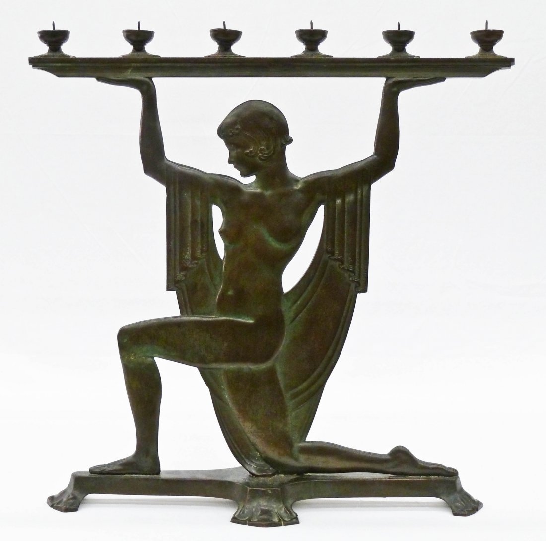 Emory Pius Seidel (1881-1954 American) ''Atlisa'' Art: Emory Pius Seidel (1881-1954 American) ''Atlisa'' Art Deco Bronze Six-Light Candelabra 18.5''x17''. Kneeling female nude form. Original green finish with Roman Bronze Works, New York Foundry Mark unde