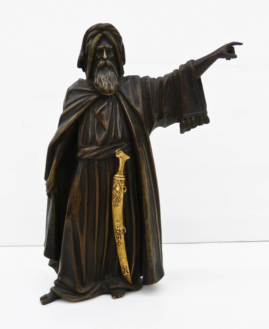 Antique European Gilt Bronze Arab Sculpture 9.5''x7''.: Antique European Gilt Bronze Arab Sculpture 9.5''x7''. Standing figure with gilt bronze sword. Cast in three pieces. 19th century with no visible artist mark or foundry mark. Signature illegible.