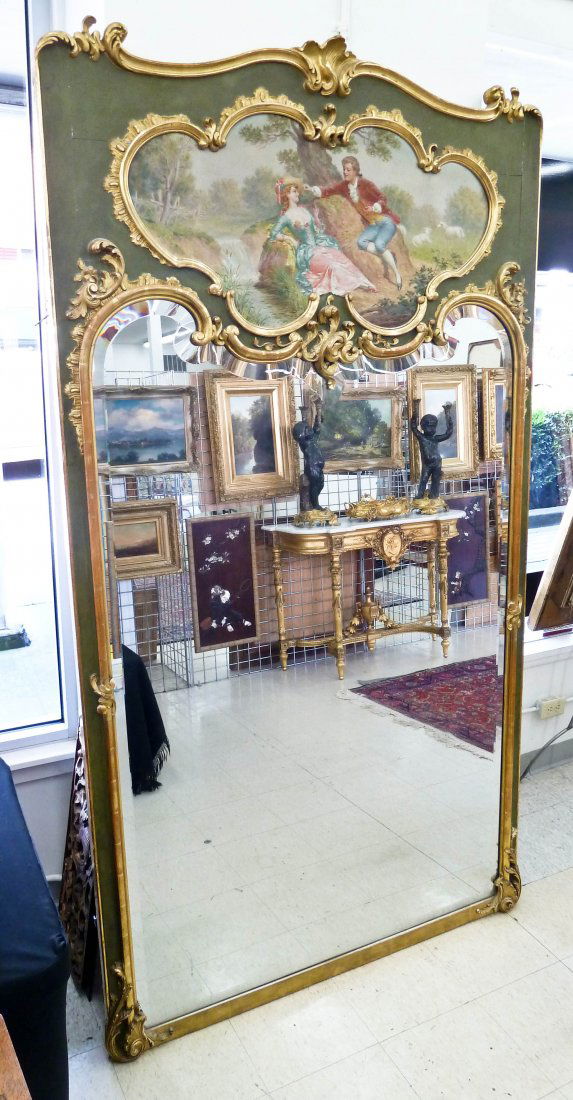Antique French Gilt Painted Courting Scene Trumeau: Antique French Gilt Painted Courting Scene Trumeau Mirror 92.5''x50''. Scene is painted by listed artist Jules Coulange-Lautrec (1861-1950 French). Very large entry or hall mirror. 19th century.