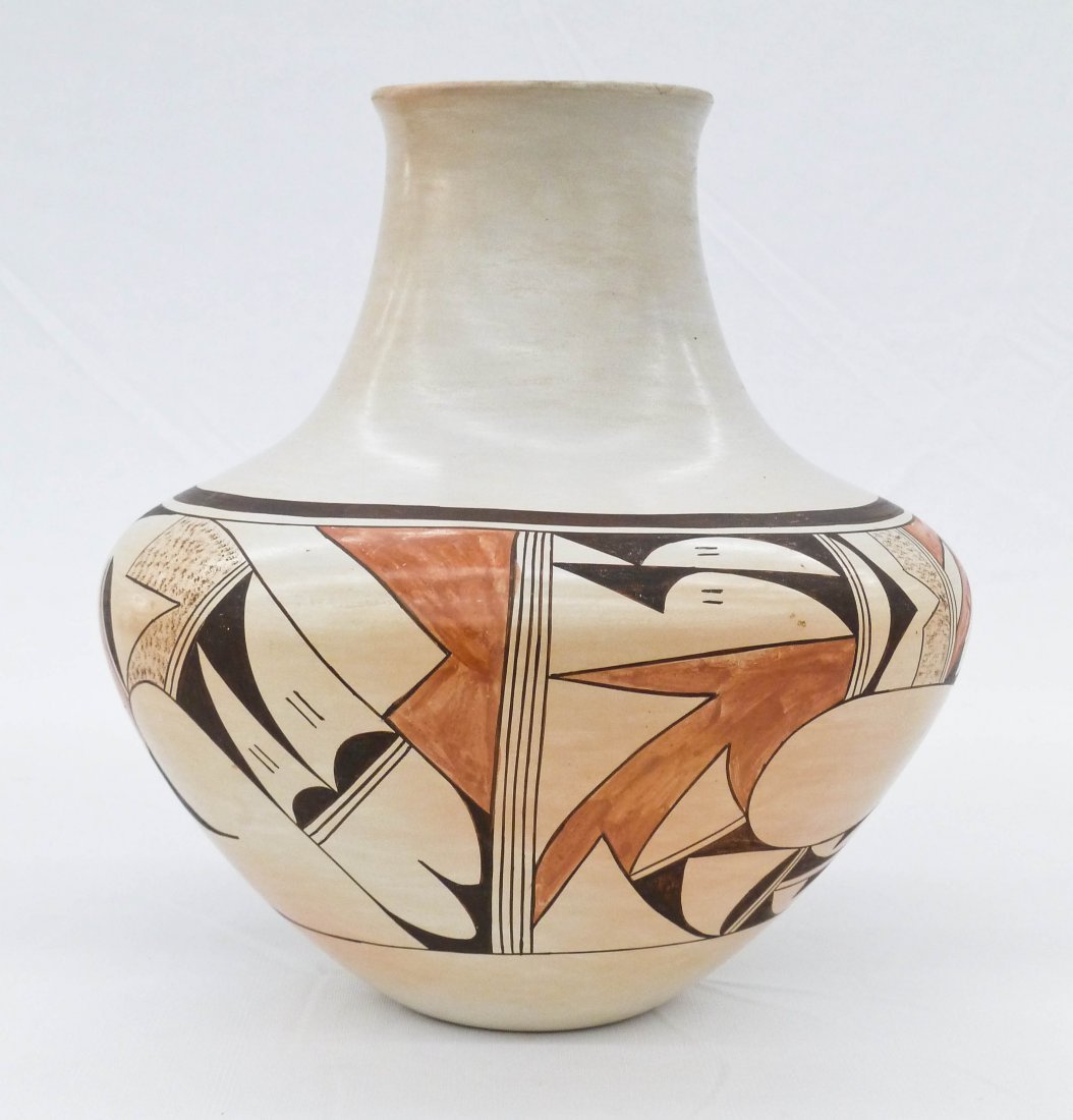 Joy Navasie Second Frog Woman Hopi Pottery Jar: Joy Navasie Second Frog Woman Hopi Pottery Jar 8.75''x8''. Award winning New Mexico vase with three ribbons from Inter-Tribal Indian Ceremonial. Marked with her stylized frog on bottom. Excellent cond