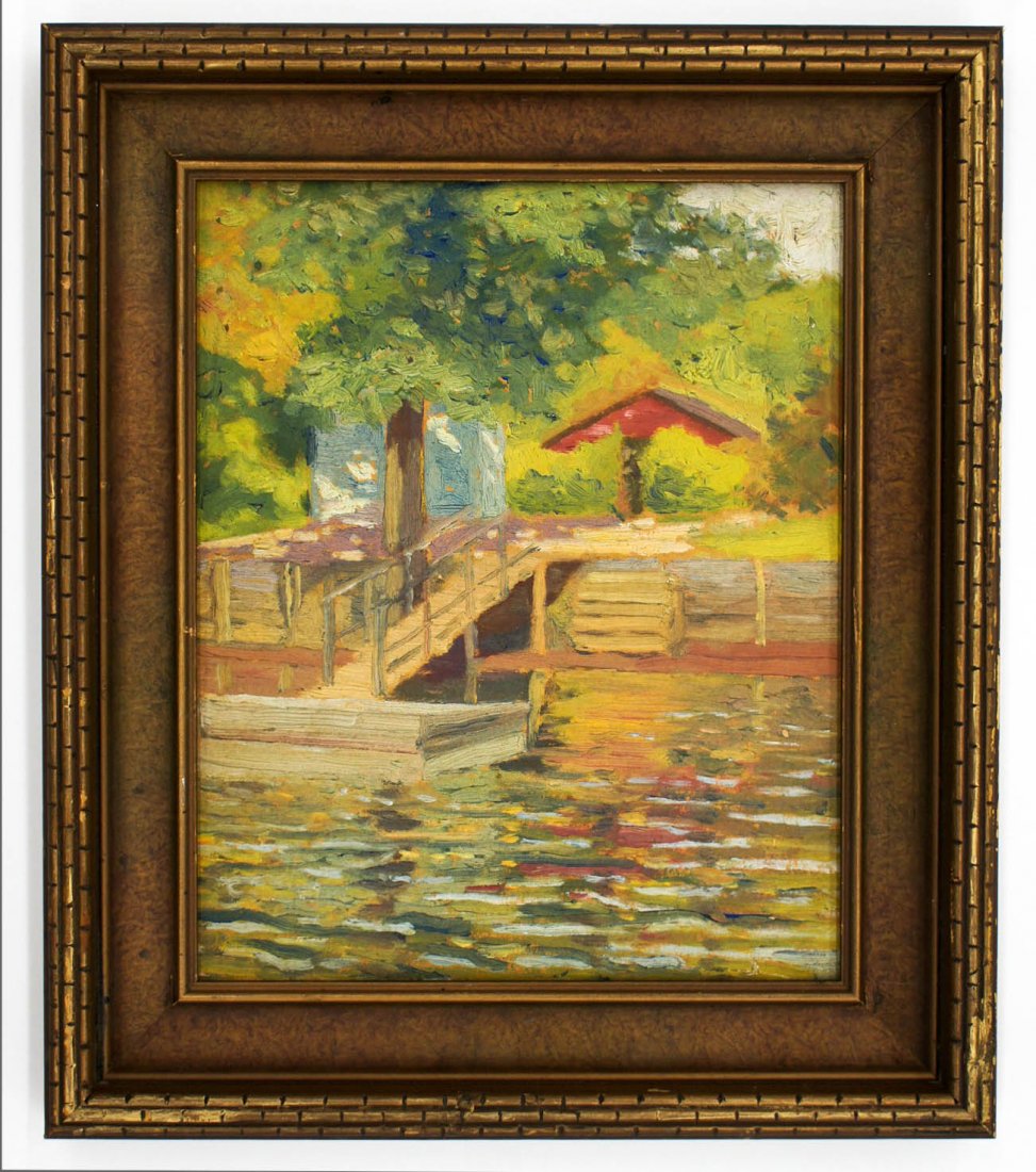 Emile Stange (1963-1943 New Jersey) Dock Scene Oil on: Emile Stange (1963-1943 New Jersey) Dock Scene Oil on Board 11''x9''. Comes in gilt carved closed corner frame. Unsigned, from artist's estate.