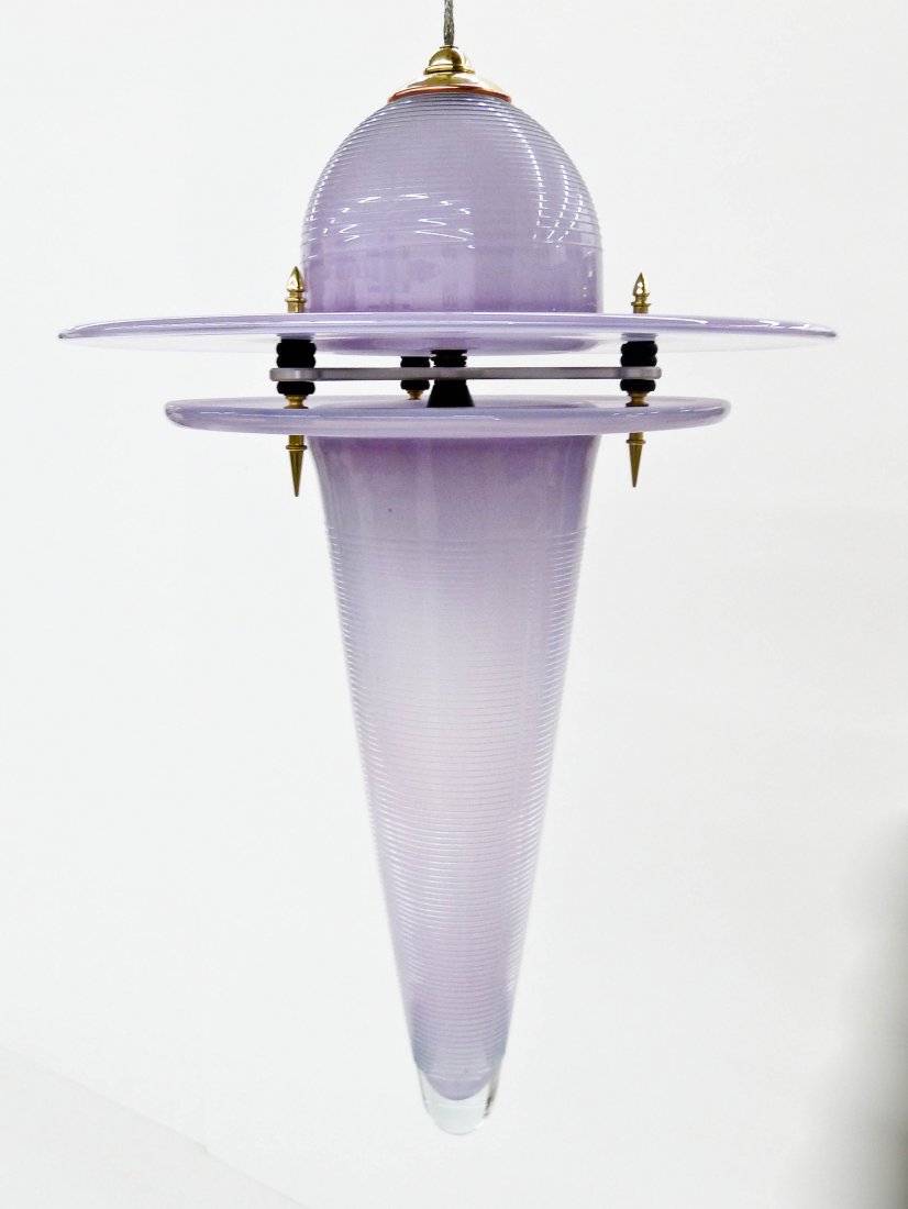 Benjamin Moore & Walter White (20th Century American): Benjamin Moore & Walter White (20th Century American) ''Hornet Lamp'' Hanging Studio Glass & Metal Light Fixture 27''x16''. Light amethyst coloring and clearly signed by both artists. Dated 1994. Exce