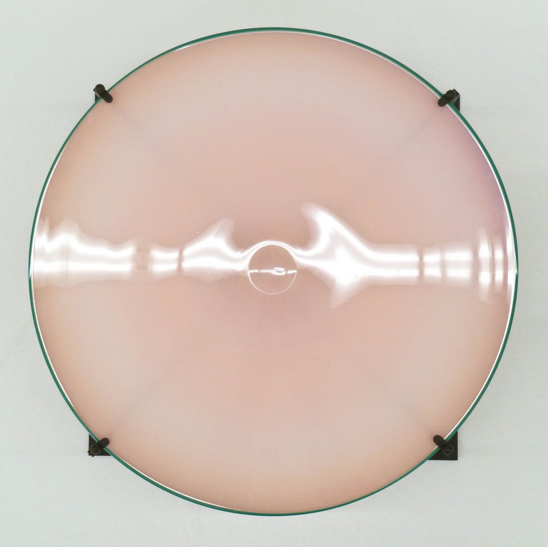 Benjamin Moore & Louis Mueller (20th Century American): Benjamin Moore & Louis Mueller (20th Century American) Pink Studio Glass Wall Fixture 15''x3''. Pink with green lip wrap round panel with bronze mounts. Signed on verso. Excellent condition. Former co
