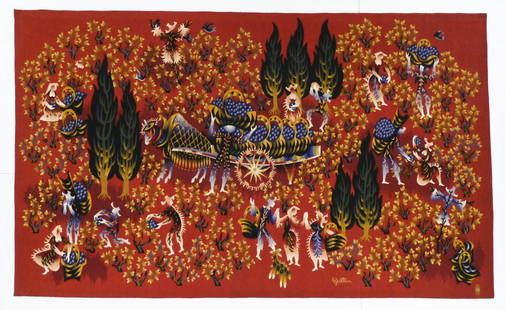 Louis Marie Jullien (1904-1982 France) ''Vendangerots'': Louis Marie Jullien (1904-1982 France) ''Vendangerots'' (The Grape Harvest) Aubusson Tapestry 58''x96''. Comes with a copy of the letter from La Demeure Gallery, Paris dated 1975. Excellent original c